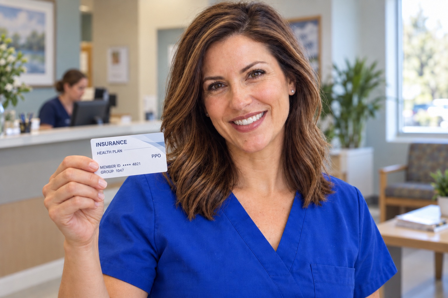 A smiling patient holding her insurance card at our front desk